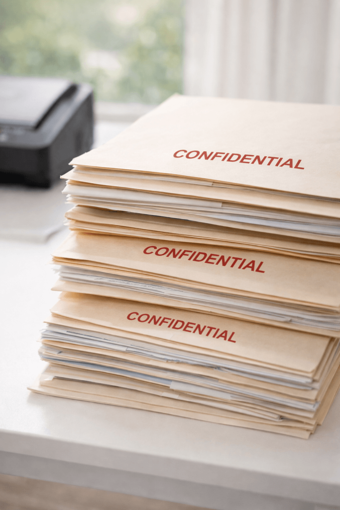 confidential document scanning Loomis CA stack of secure files ready for digitizing
